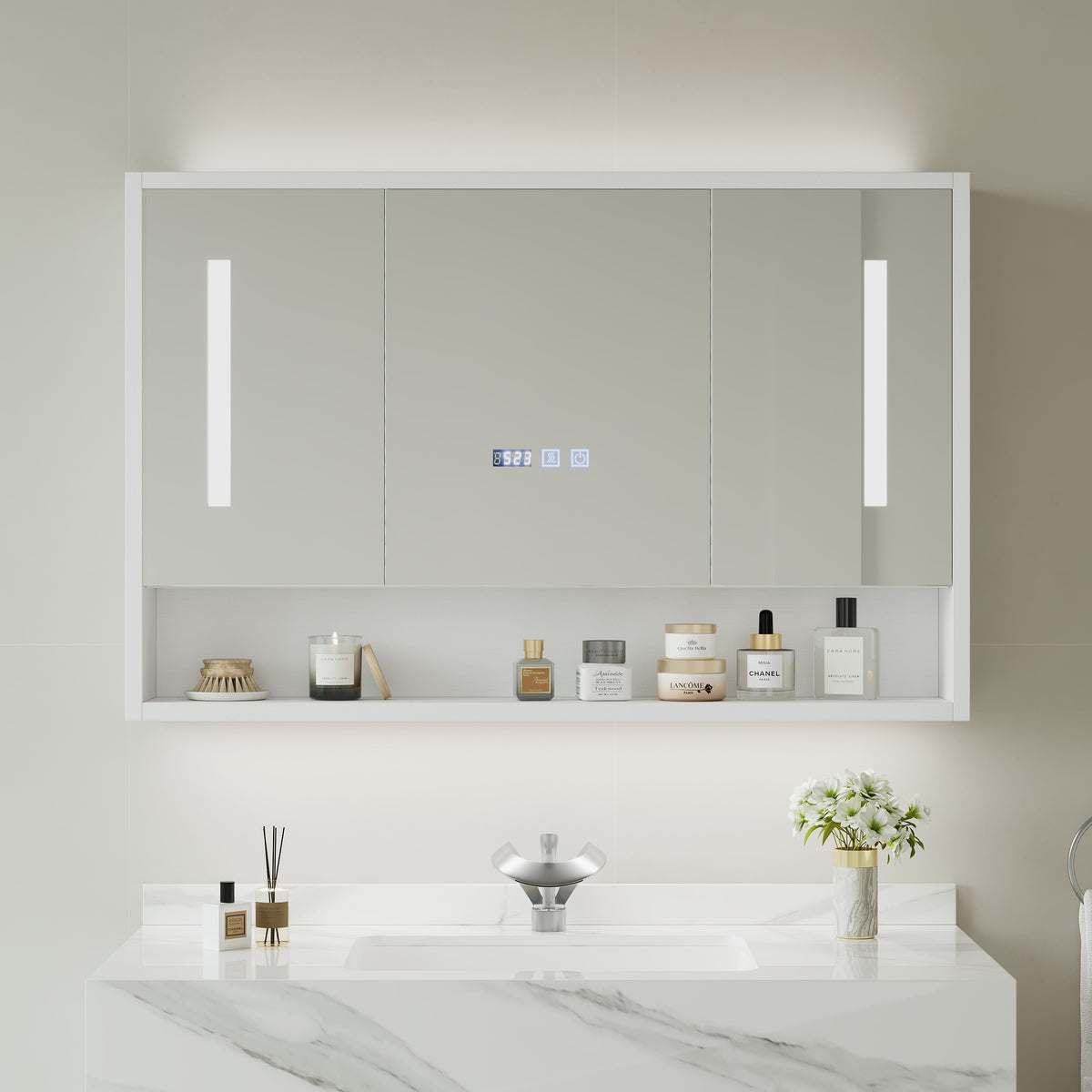 39" White LED Medicine Cabinet with Adjustable Lighting, Demister & Digital Clock