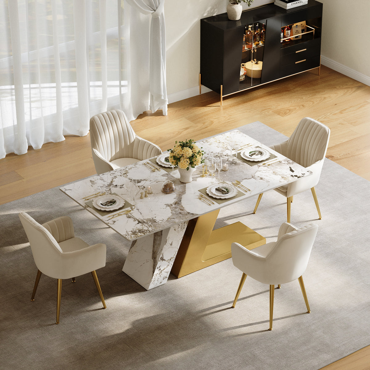 63" Rectangle Modern Sintered Stone Top Dining Table for 6 Stainless Steel Base in Gold