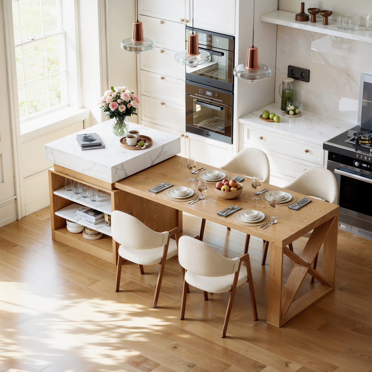 73"-93" Extendable White&Natural Kitchen Island with Storage Kitchen Cabinet