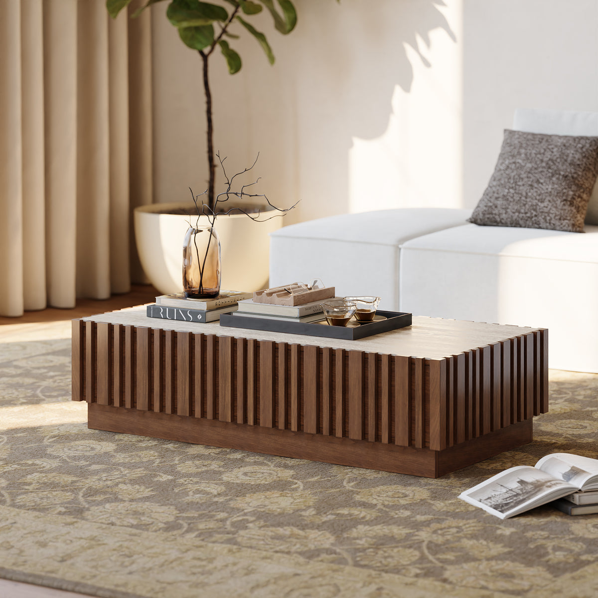 Aura Ash Wood Slatted Coffee Table Modern Walnut Sintered Stone Top Table with LED Light