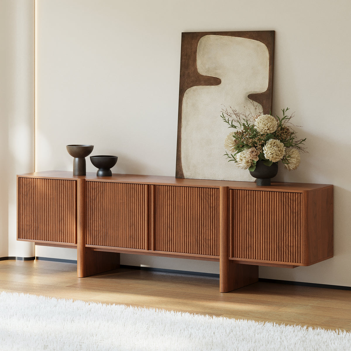 80" Solid Wood TV Stand Mid Century Modern Media Console with Storage in Walnut