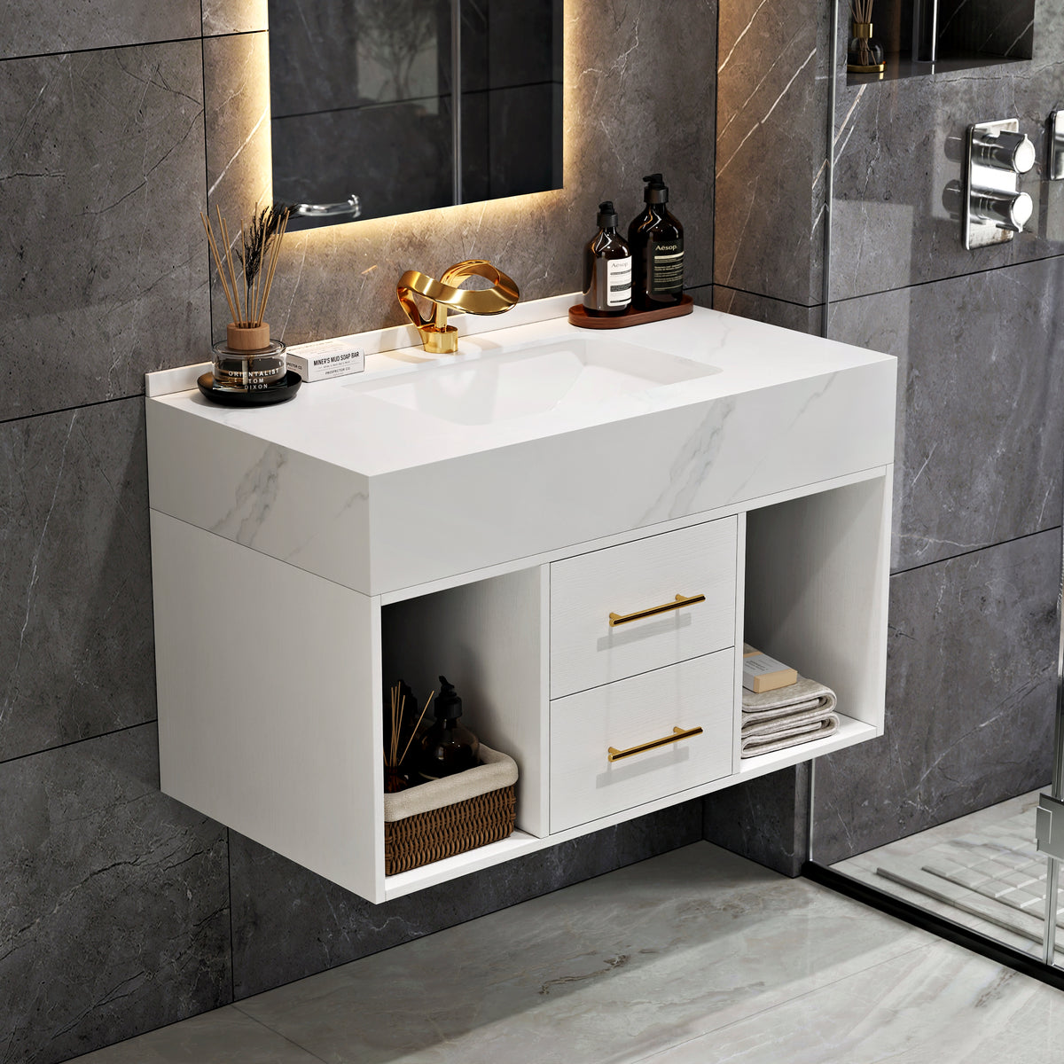 35.4" Floating Bathroom Vanity with Cultured Marble Vessel Sink with 2 Drawers in White
