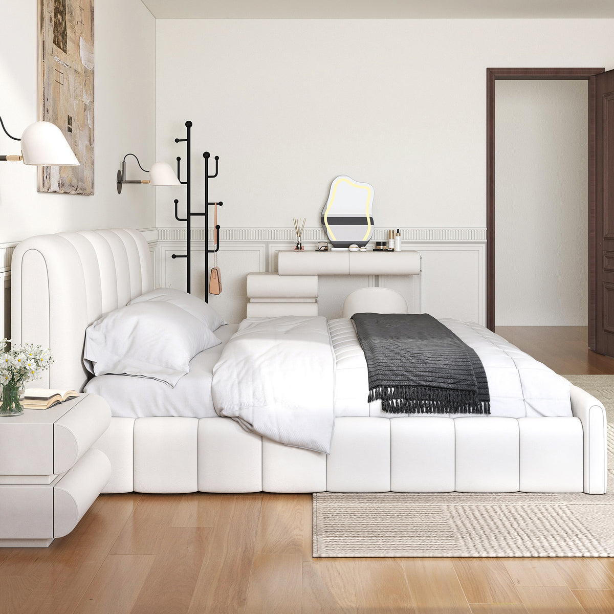 King Bedroom Set Wingback King Bed Frame with Headboard & White PU Leather Makeup Vanity Desk Set