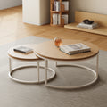 Fero Round Nesting Coffee Table Set of 2, Light Oak Top & White Metal Frame, Modern Scandinavian Style, for Living Spaces, （800mm-600mm）