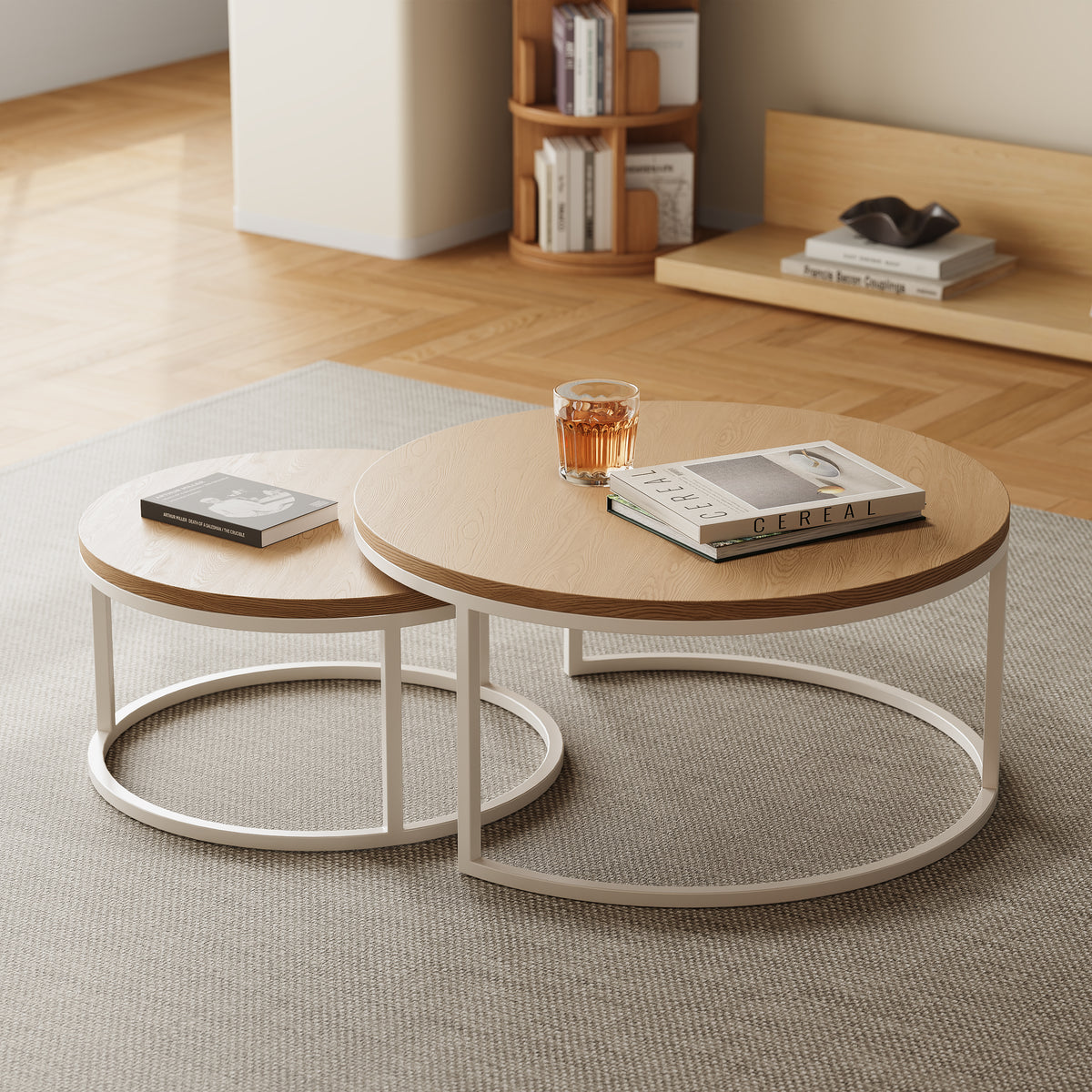 Fero Round Nesting Coffee Table Set of 2, Light Oak Top & White Metal Frame, Modern Scandinavian Style, for Living Spaces, （800mm-600mm）