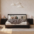 Modern Solid Wood Queen Upholstered Bed & 2 Drawer Ash Wood Nightstand Set with with Faux Travertine Top
