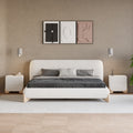 Modern White Boucle Platform Bed King Size Bed Frame with Upholstered Headboard with Natural Wood Legs & 2 Nightstands Set