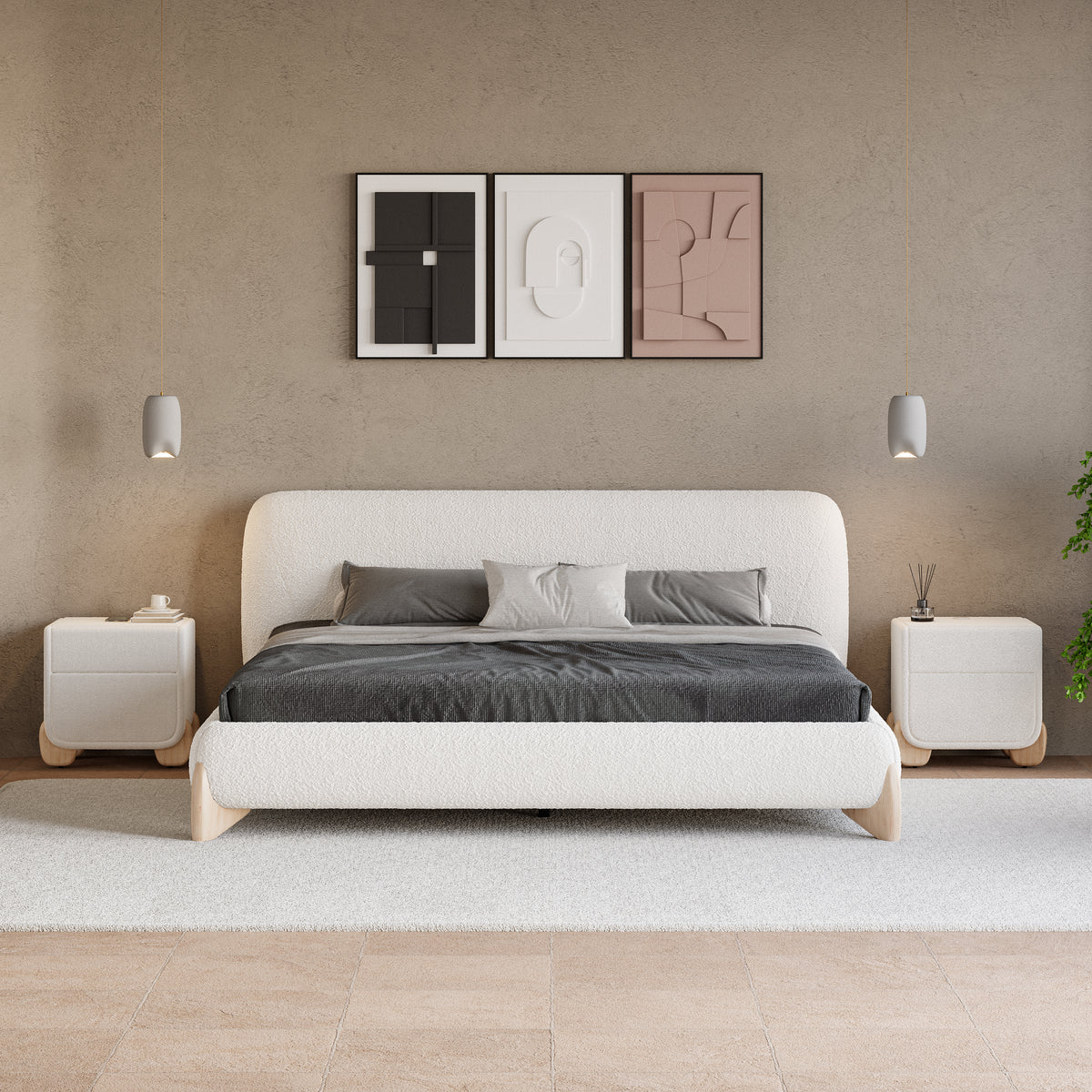 Curva King White Boucle Platform Bed Frame & 2-Drawer Smart Boucle Nightstands Set