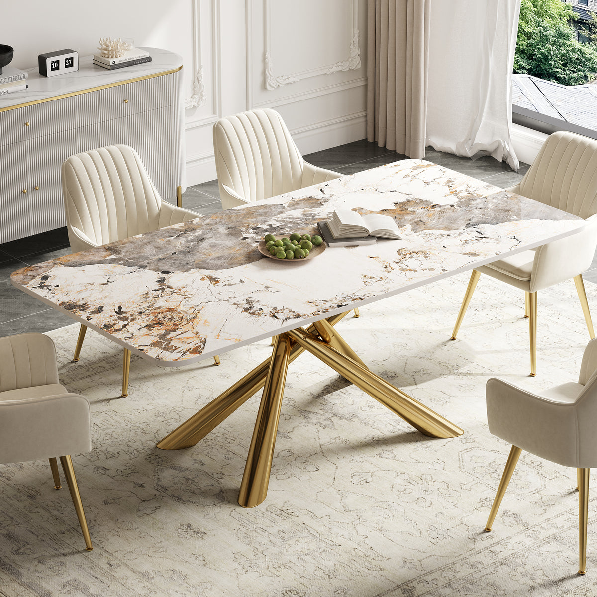 63" Modern Sintered Stone Top Rectangle Dining Table in Pandora & Gold with Trestle