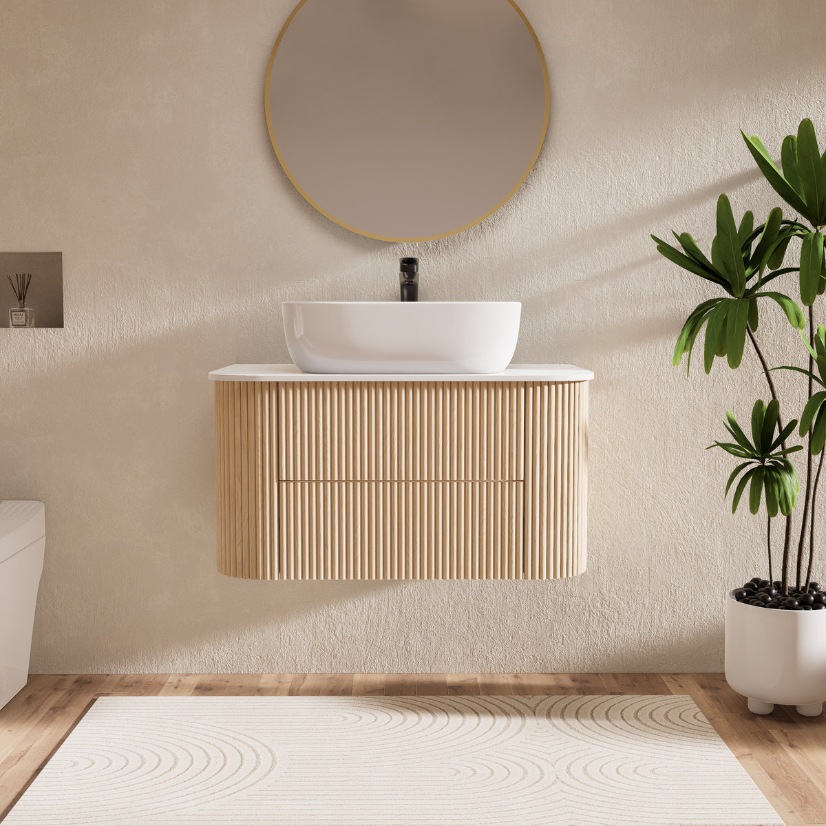 31.5" Floating Fluted Wall mounted Bathroom Vanity Set Cultured Marble Top with Vessel Single Sink & 2 Drawers