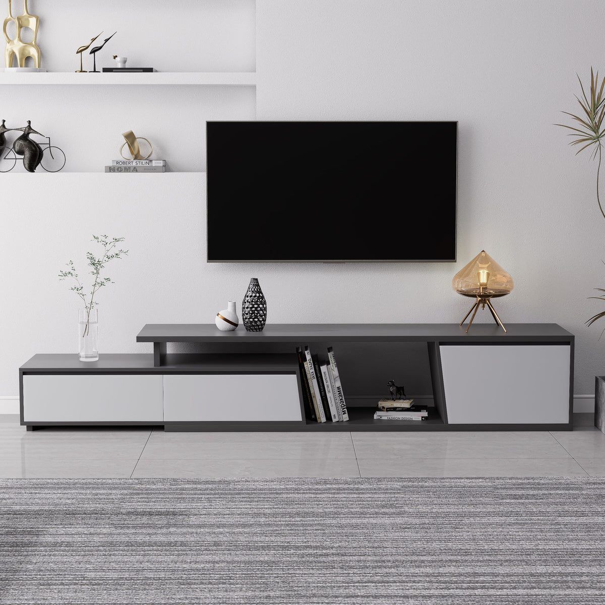 Fero Minimalist Rectangle Gray Extendable TV Stand with 3 Drawers Up to 110"