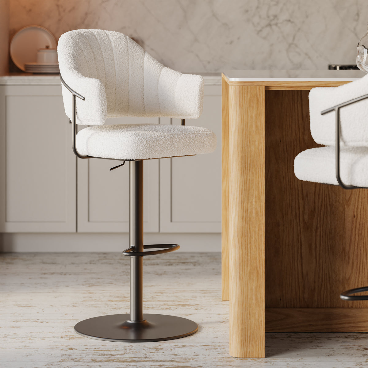 Set of 2 Modern Boucle Adjustable Counter Stool with Swivel Base