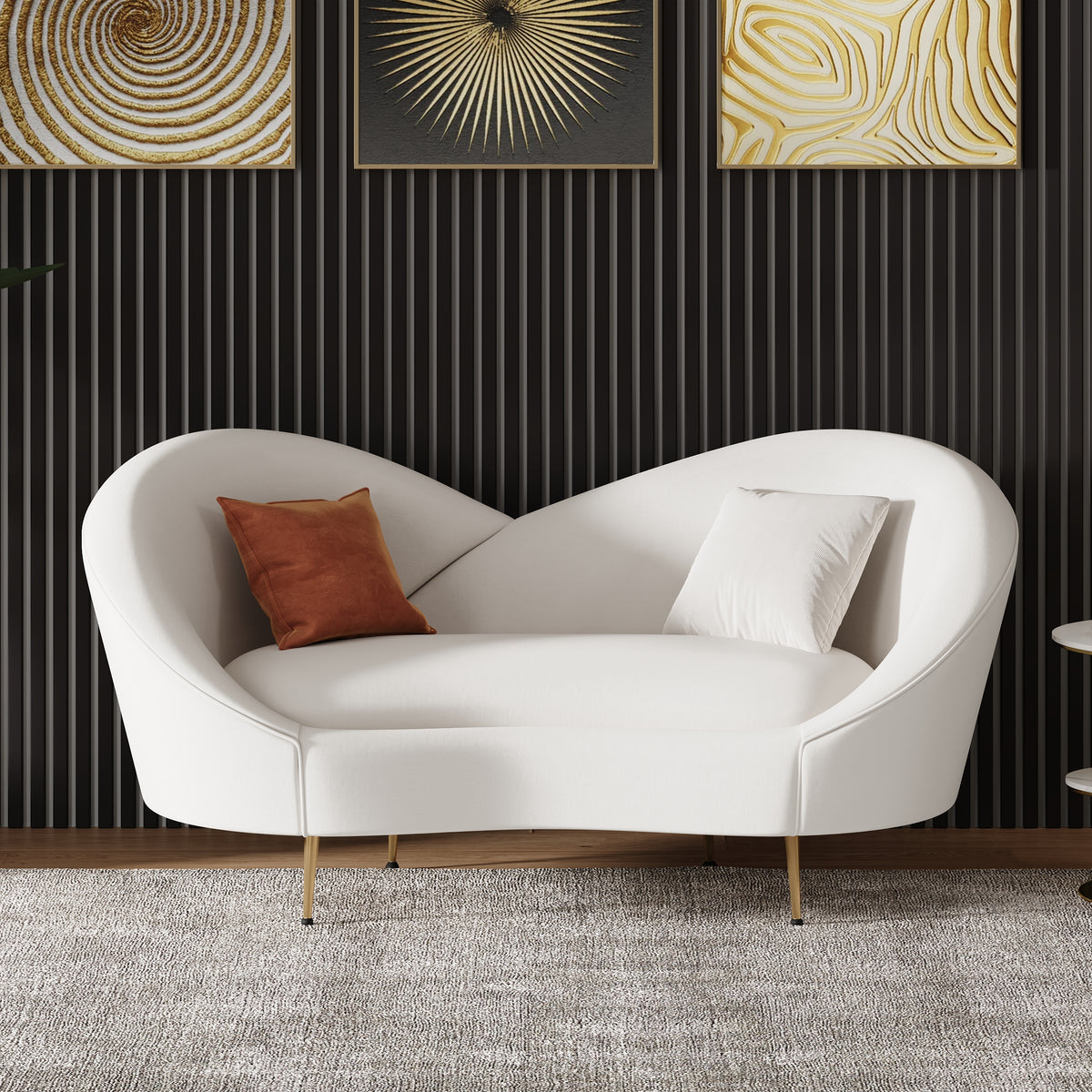 63" Modern White Velvet Upholstered Large 2-Seater Curved Sofa