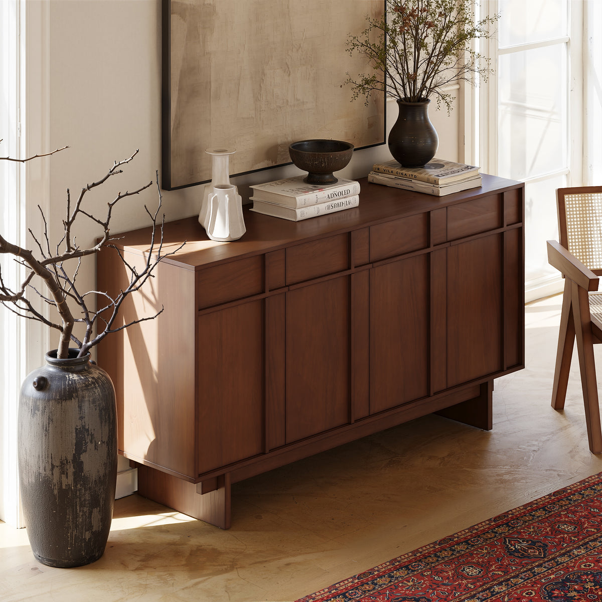 60" Mid Century Buffet Sideboard Modern Walnut Wooden with Storage & Adjustable Shelves