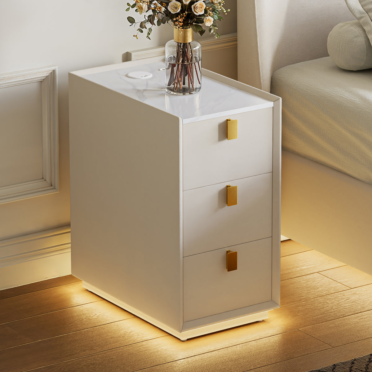 3-Drawer Narrow Bedside Table Faux Leather with Built-in Charging Station | Adjustable Lighting |Sintered Stone Top