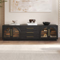 Arune 72" Mid Century Modern Black TV Stand with LED Lights and Arched Glass Cabinet Doors