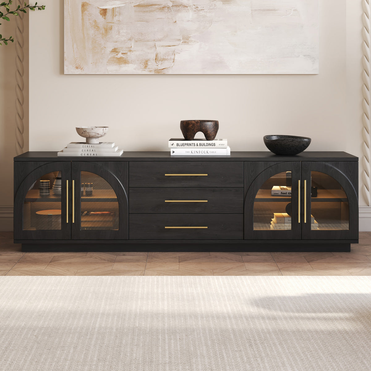 Arune 72" Mid Century Modern Black TV Stand with LED Lights and Arched Glass Cabinet Doors