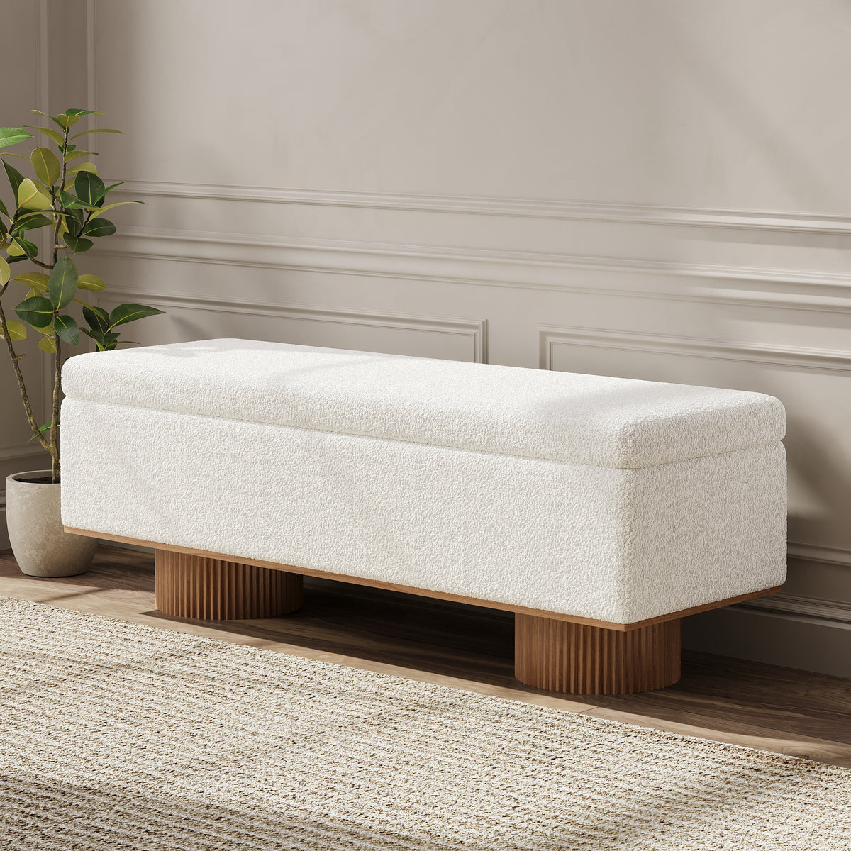 Storage Entryway Bench Boucle & Wood Entryway Furniture in White