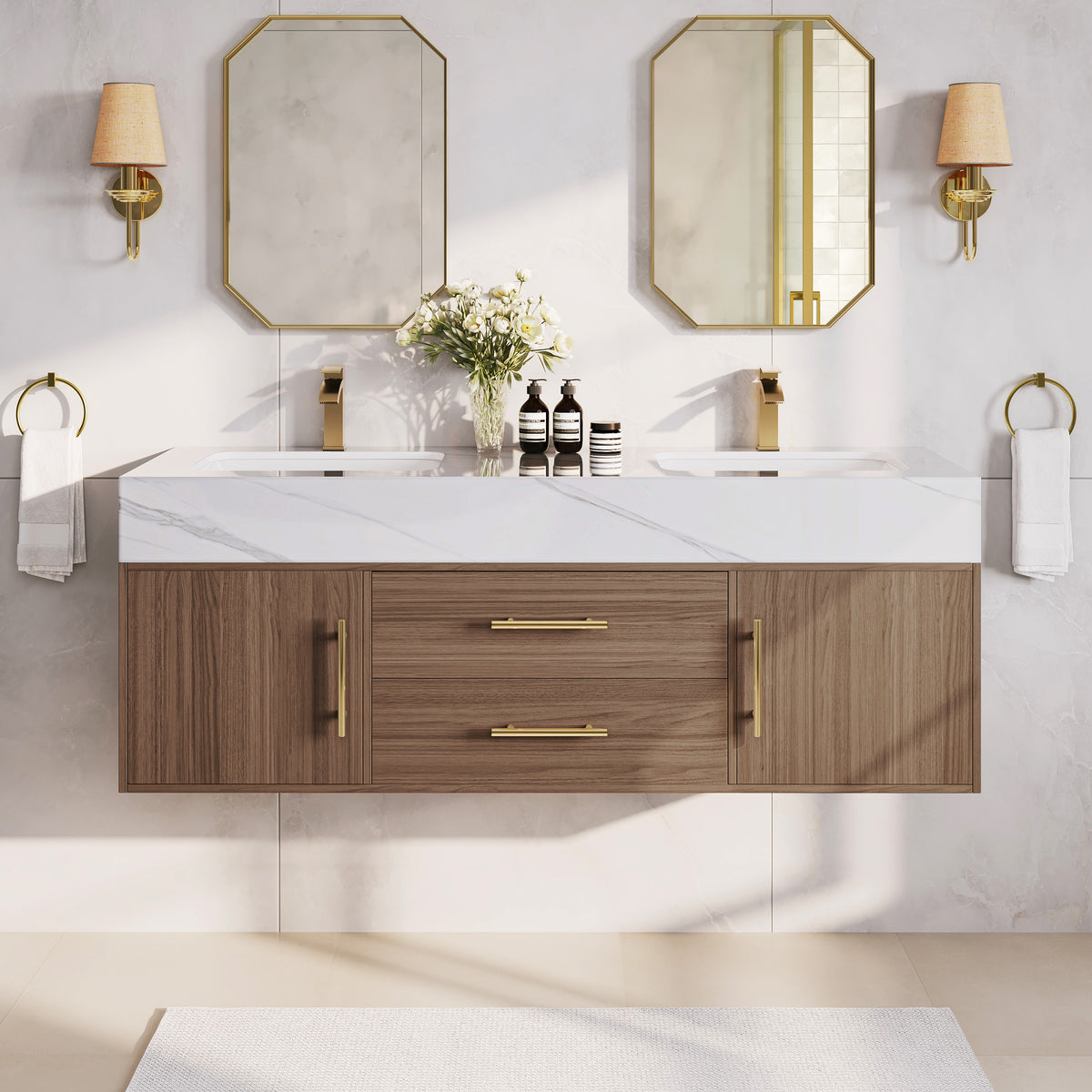 59" Double Sink Bathroom Vanity with Gold Handles – Walnut Modern Floating Vanity