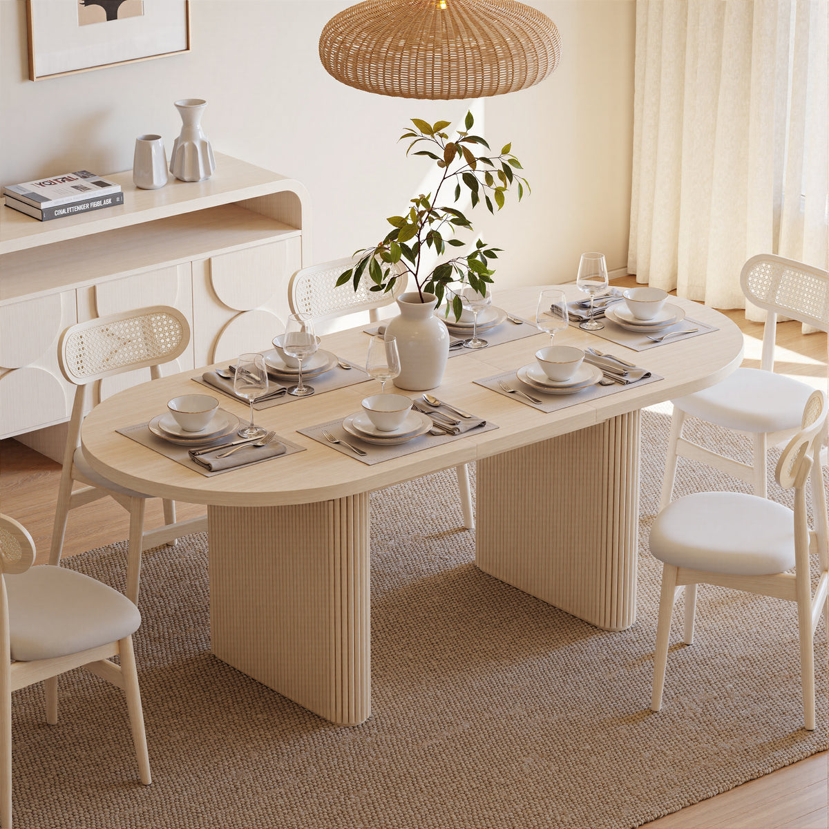 63"-79" Oval Dining Table Extendable Butterfly Leaf for 4-6 Japandi Whitewash Kitchen Table for Small Spaces