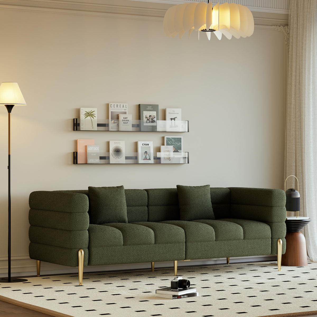 78.7" Modern Green Boucle Upholstered Fluted 3 Seater Sofa for Living Room with pillow