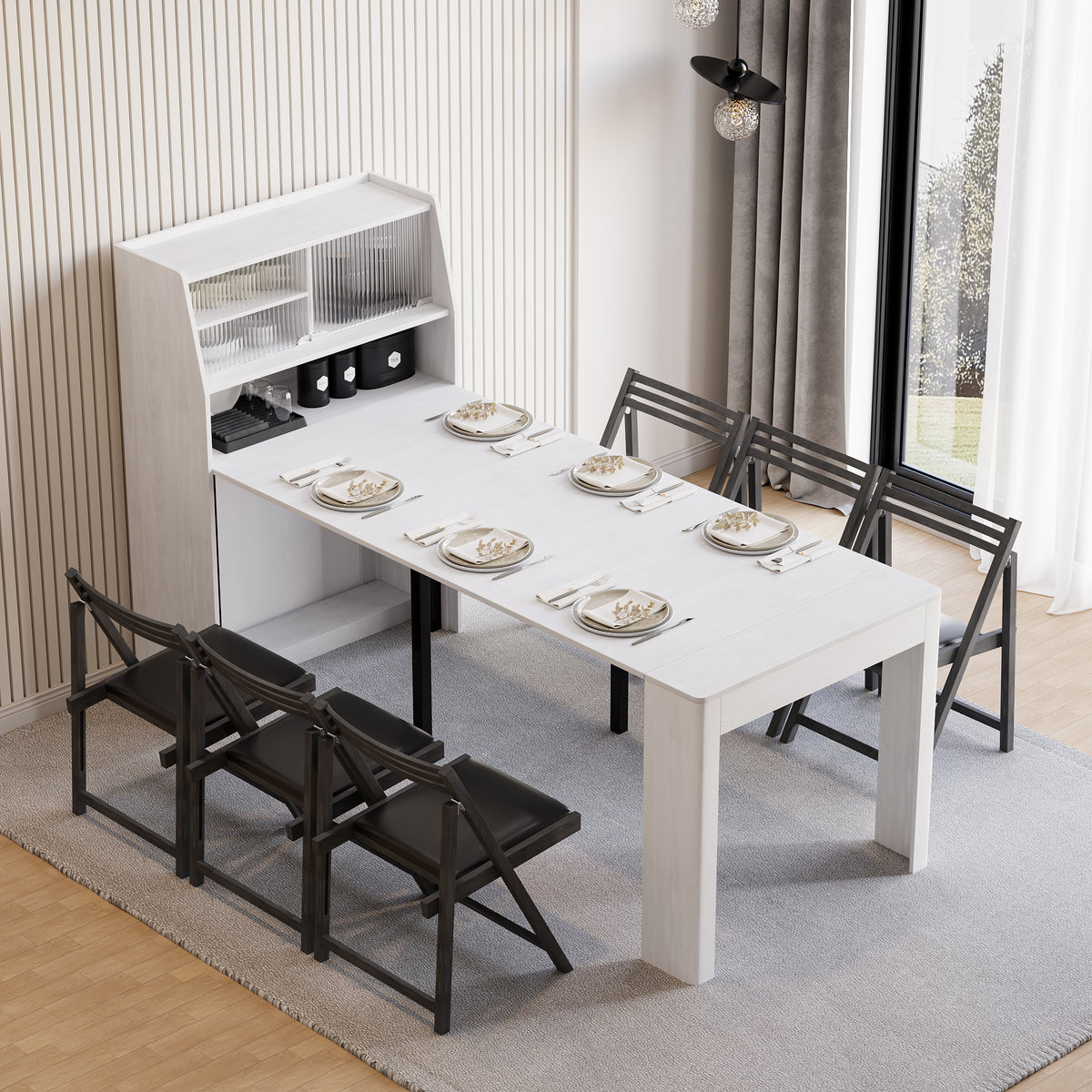 70.9'' Extendable Dining Table with Storage Rectangle Sideboard Glass Door Seats 4-6 Modern White