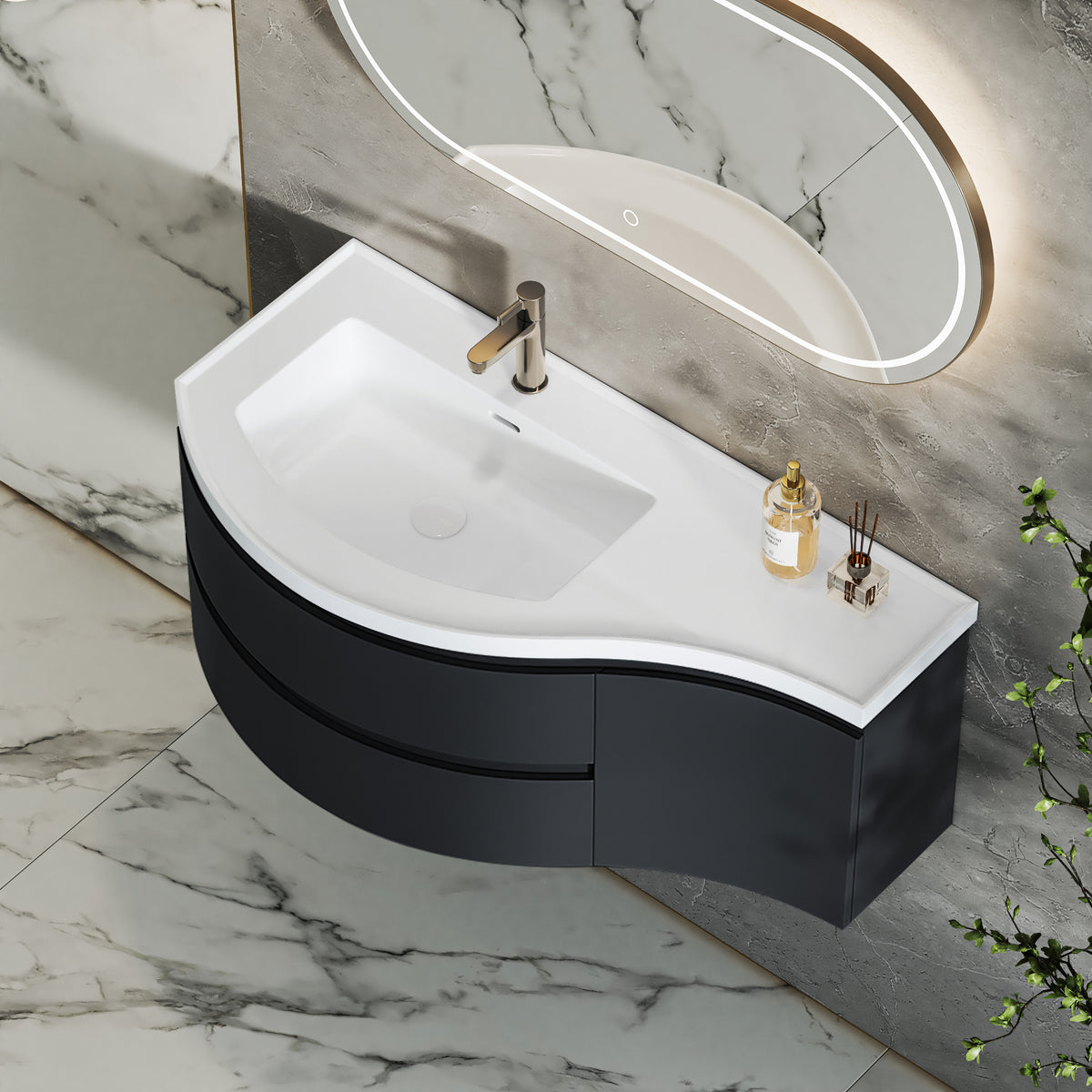 35.4" Floating Curved Bathroom Vanity Wall Mounted Half-Circle Black Bathroom Cabinet with Sink