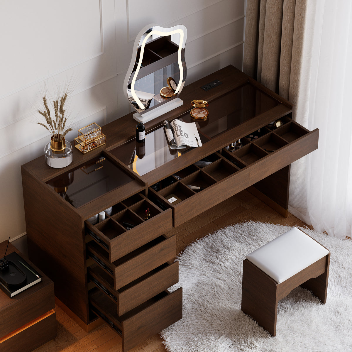 Modern Makeup Vanity Set with Lighted Vanity Mirror & Charging Station & Jewelry Storage Dressing Table