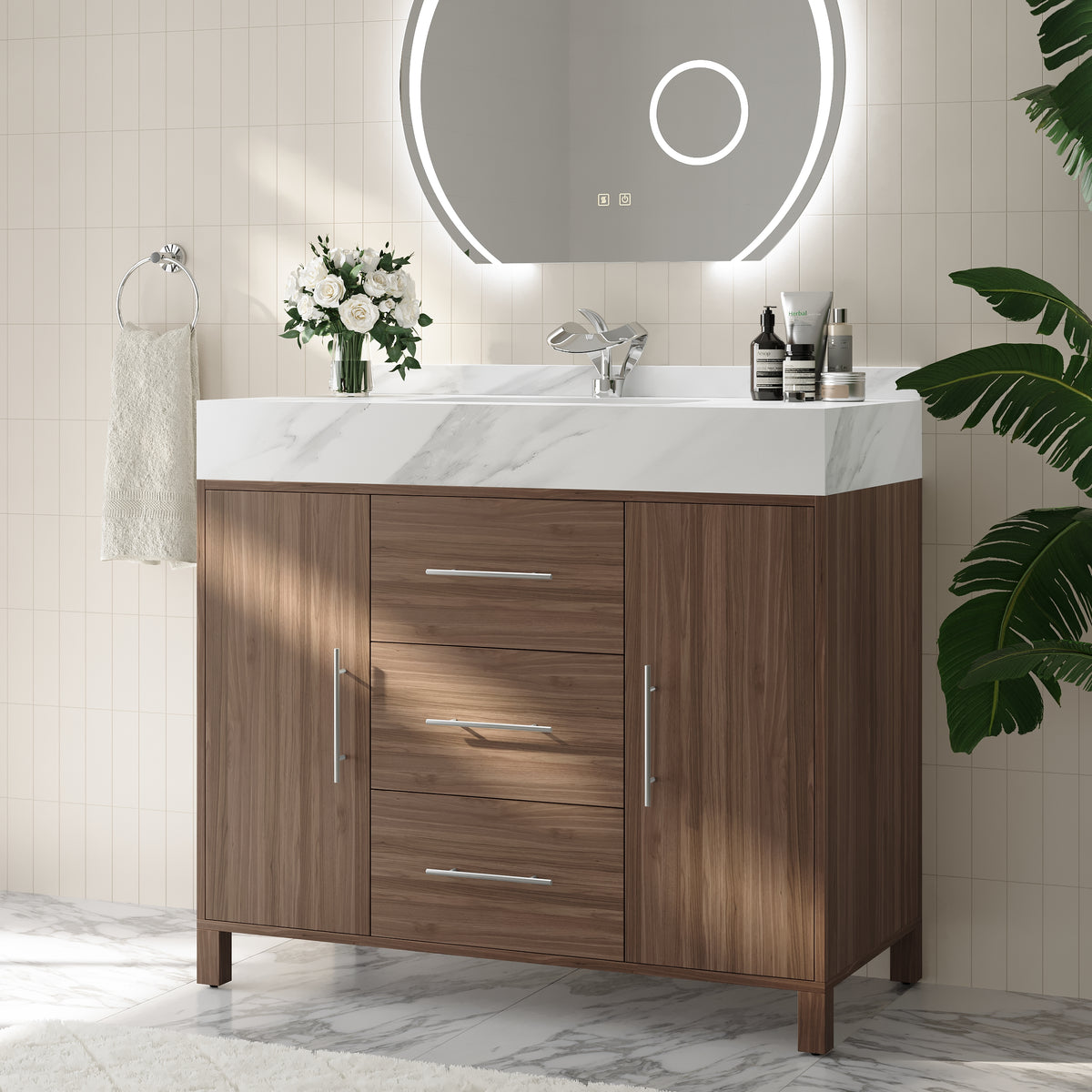 39" Walnut Freestanding Bathroom Vanity Sintered Stone Top & Silver Handles
