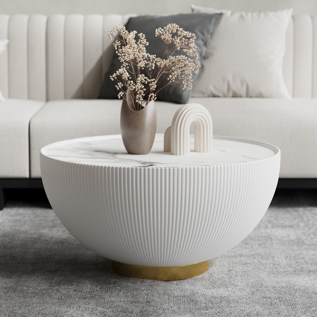 Round Sintered Stone Top Drum Coffee Table with Beige PU Leather Around and Stainless Steel Base