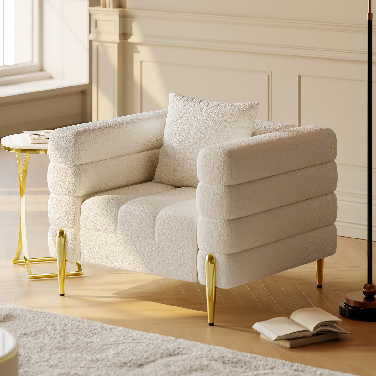 White Boucle Accent Chair Modern Modular Arm Chair