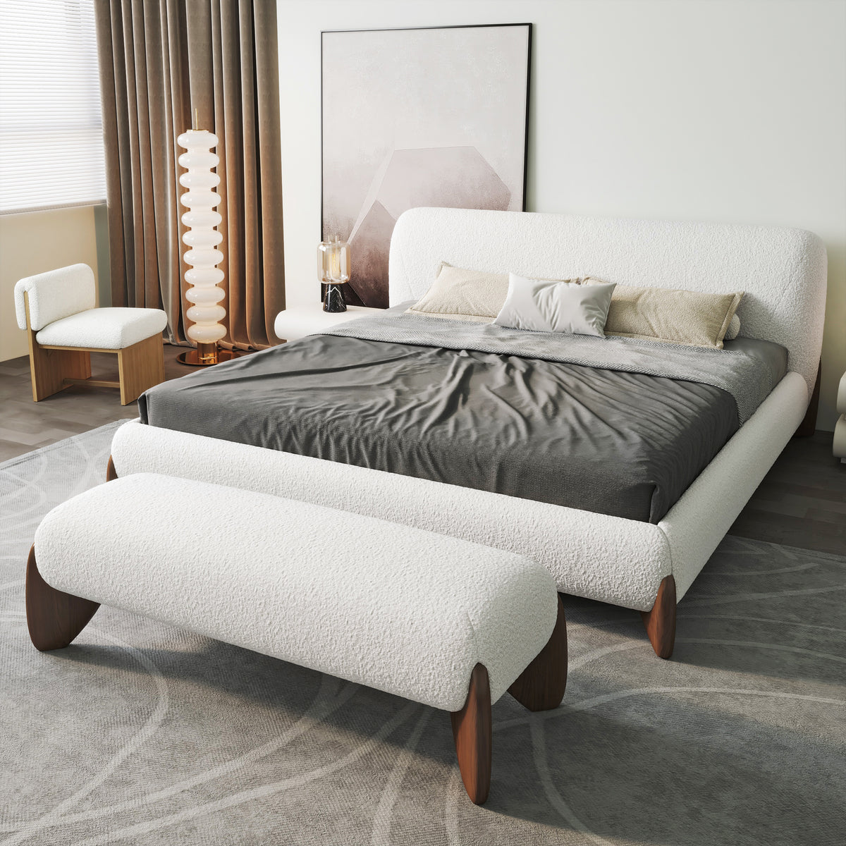 King Bedroom Set White Boucle King Size Platform Bed Frame with Headboard & Bedroom Bench Set