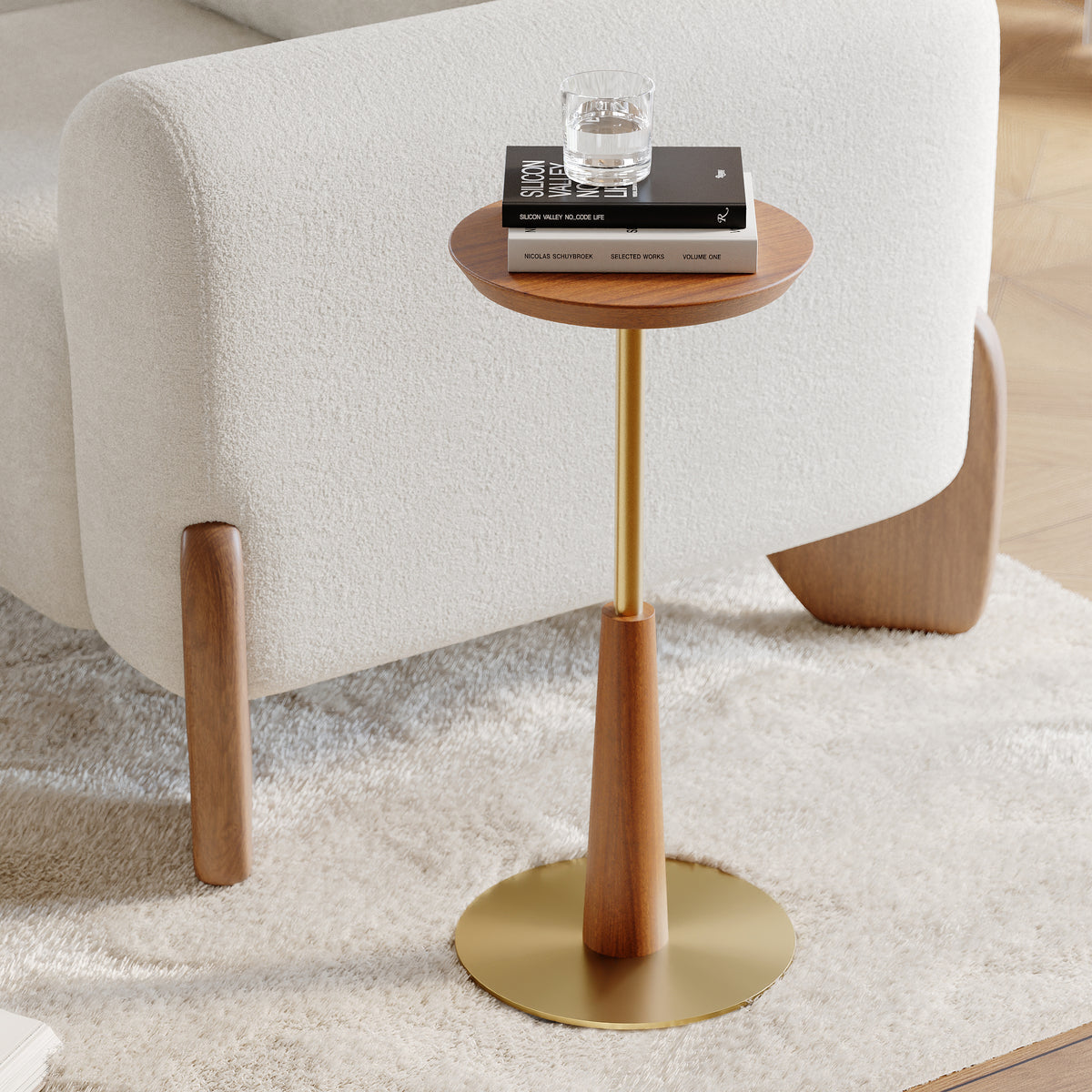 Round Mid-Century Modern Cocktail Table Walnut & Gold Side Table