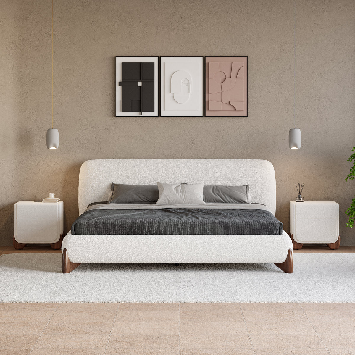 Modern White Boucle Platform Bed King Size Bed Frame & 2-Drawer Smart Boucle Nightstand