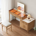 Natural Makeup Vanity Set with Lighted Mirror & Stool Mid Century Modern Dressing Table with Glass Top