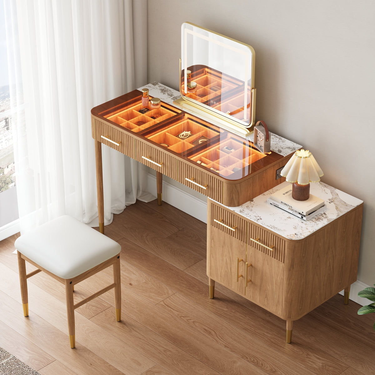 Natural Makeup Vanity Set with Lighted Mirror & Stool Mid Century Modern Dressing Table with Glass Top