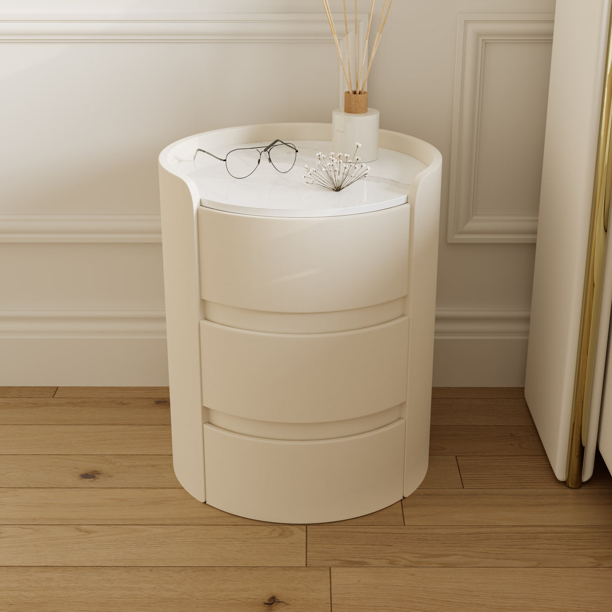 Modern White Leather 3-Drawer Nightstand Sintered Stone Top Round Bedside table