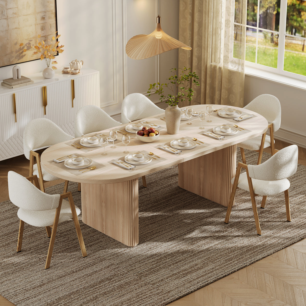 79"-94" Oval Dining Table Extendable Butterfly Leaf for 8 Japandi Whitewash Kitchen Expandable Table for Small Spaces
