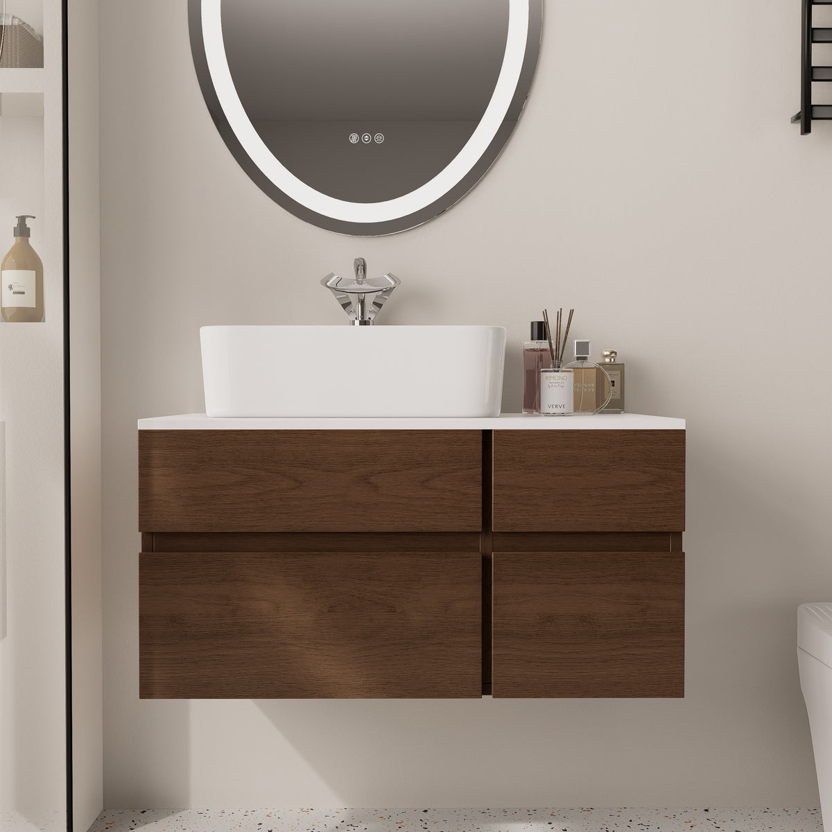 31.5" Walnut Floating Bathroom Vanity Left Offset Ceramic Vessel Sink