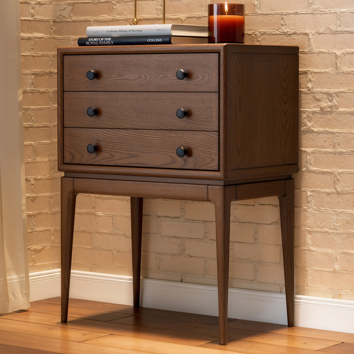 Mid-Century 3-Drawer Chest – Solid Ash Wood in Walnut Finish