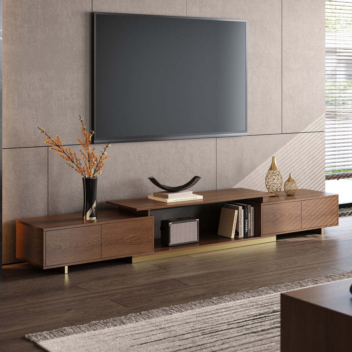 Mordel Modern Rectangle Glossy Walnut Extendable TV Stand Storage for 65 to 85 inch TV