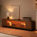 79'' Glass Door TV Stand Mid Century Modern Wood Media Console with Storage & LED in Walnut