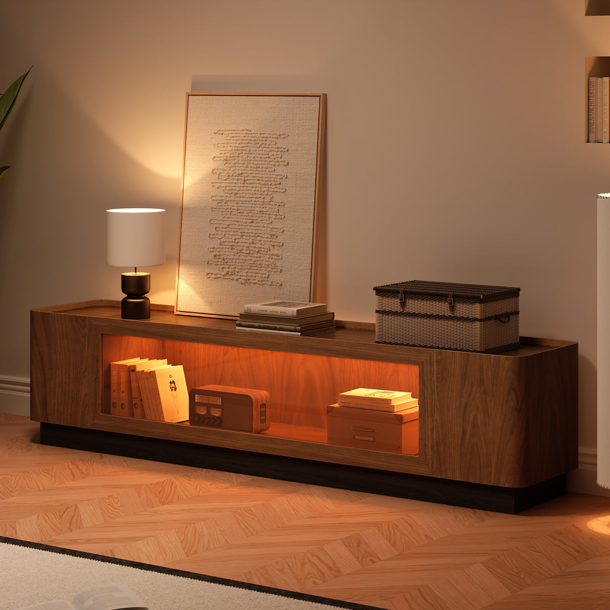 79'' Glass Door TV Stand Mid Century Modern Wood Media Console with Storage & LED in Walnut
