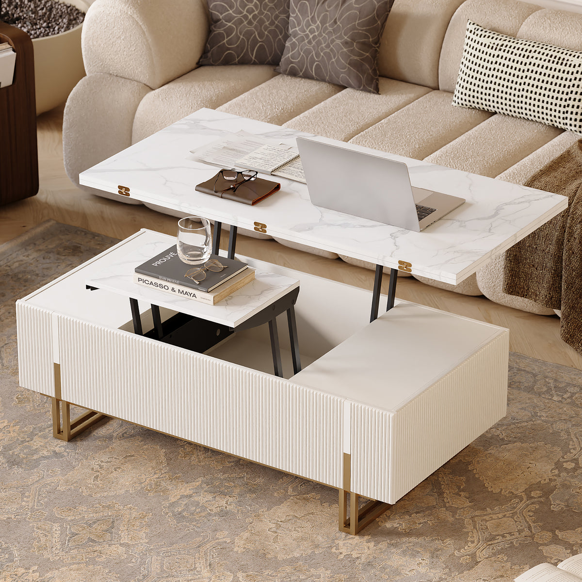 47.2" Fluted Lift-Top Coffee Table with 2 Drawers