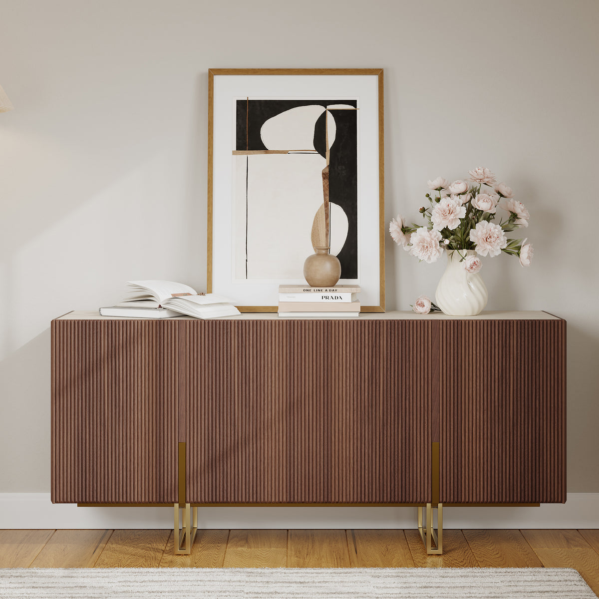 Grovyn 63" Buffet Sideboard Sintered Stone Top Walnut Fluted with Adjustable Shelves