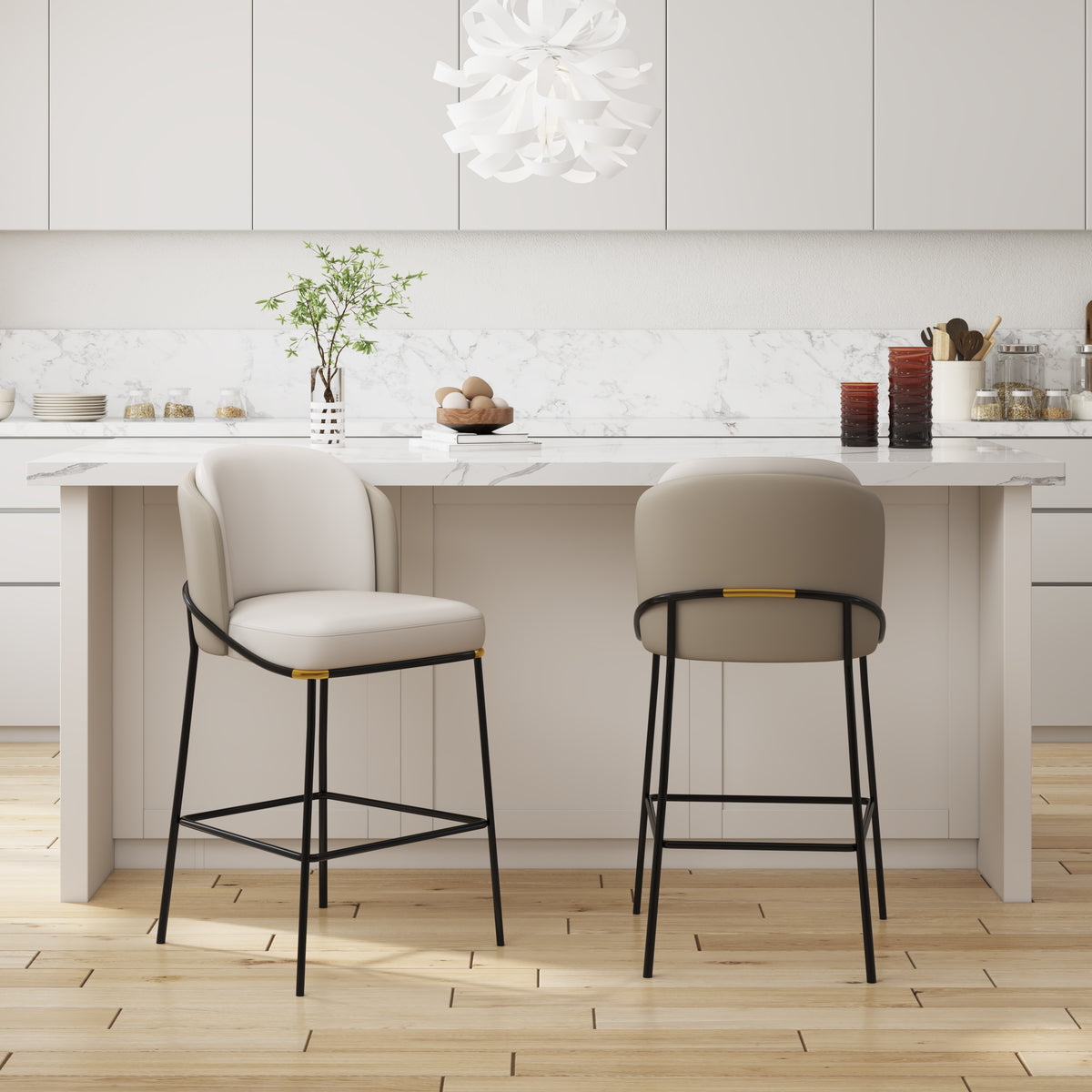 Modern PU Leather Breakfast Counter Stool Gray with Back & Footrest Set of 2
