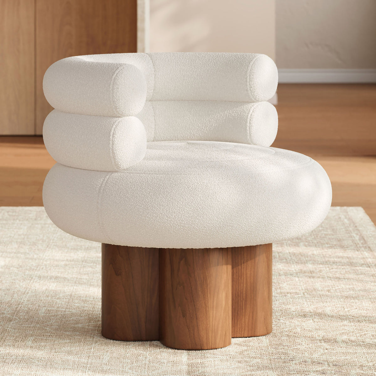 Swivel Solid Wood Base Accent Chair Boucle Armchair for Living Room in White (28" Wide)