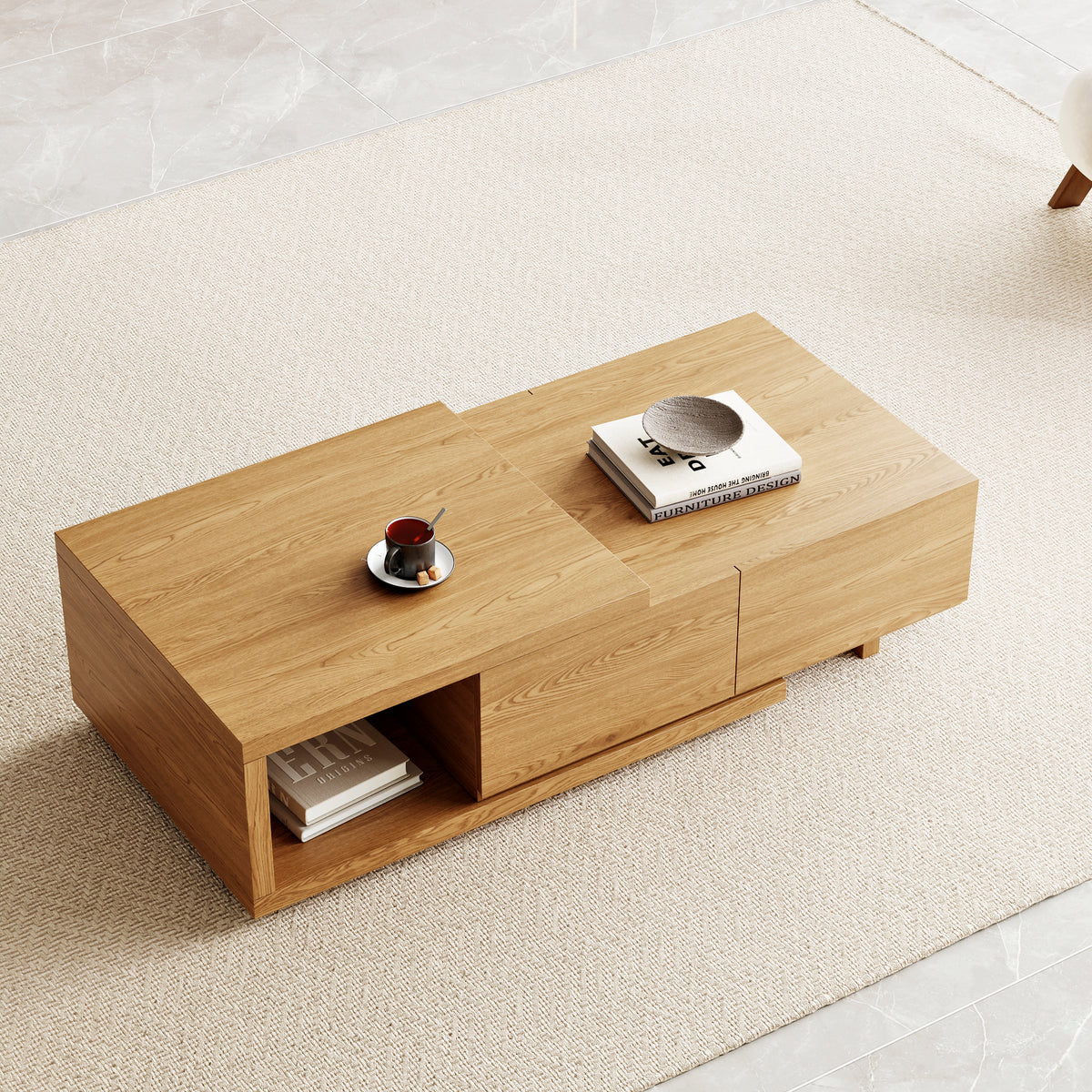 Quoint 68.9" Modern Natural Coffee Table Retracted & Extendable with 2-Drawer