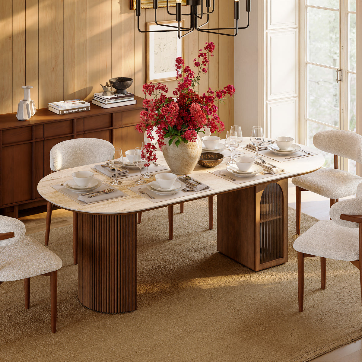 71" Faux Travertine Oval Dining Table with Fluted Base & Storage