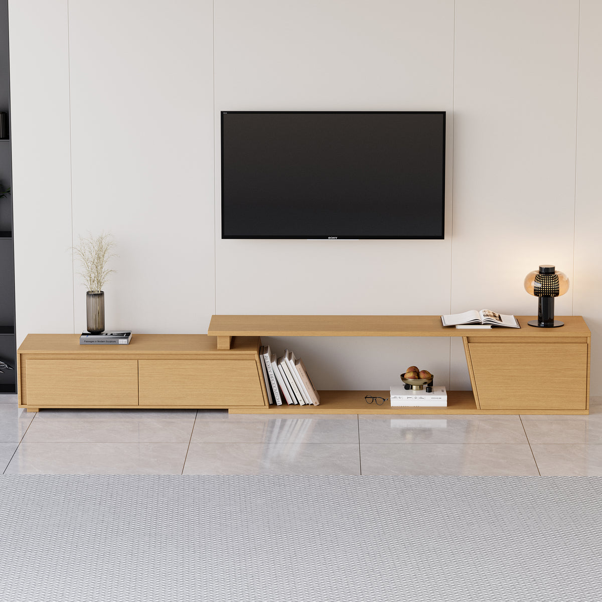 Fero Minimalist Natural Rectangle Extendable TV Stand with 3 Drawers Up to 110"